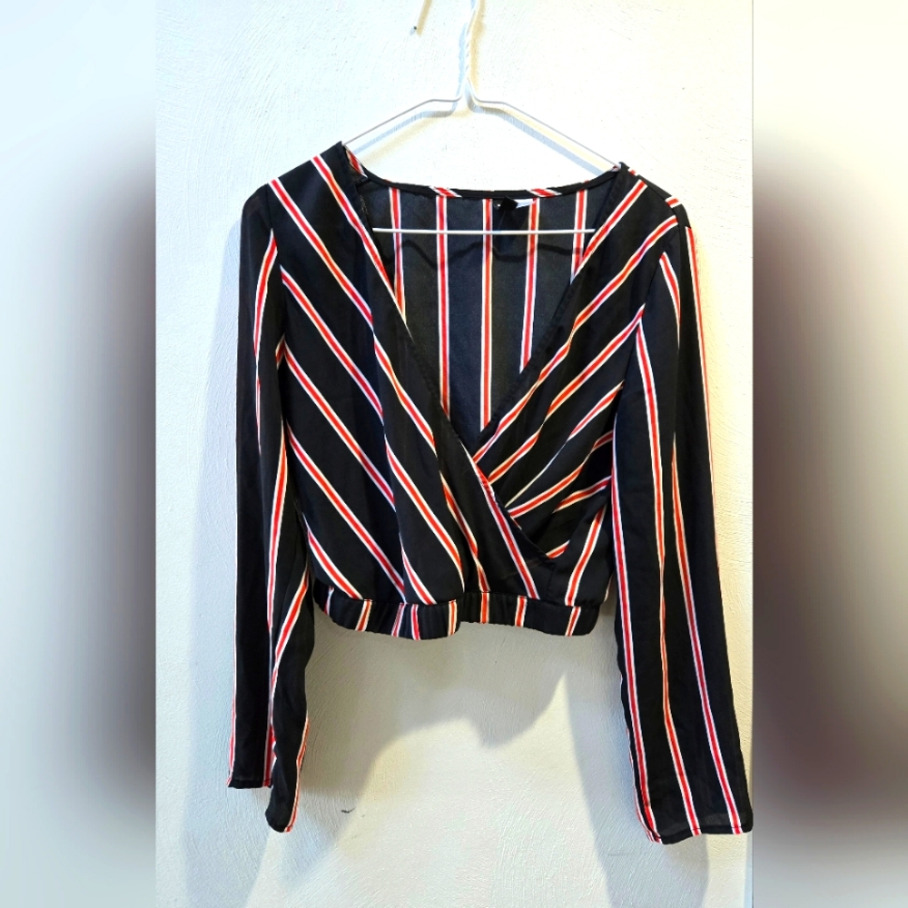 Divided Striped Black and Red Women's Crop Long Sleeve Top 4